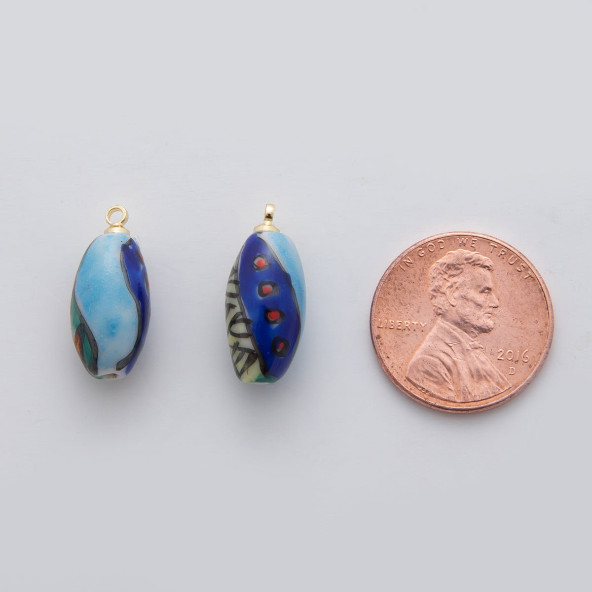 18K Gold Filled Blue-Green Abstract Doodle Oblong Ceramic Drop Pendant | X533