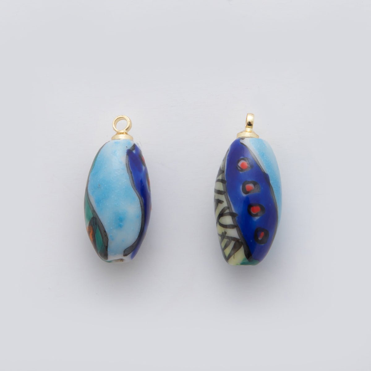 18K Gold Filled Blue-Green Abstract Doodle Oblong Ceramic Drop Pendant | X533