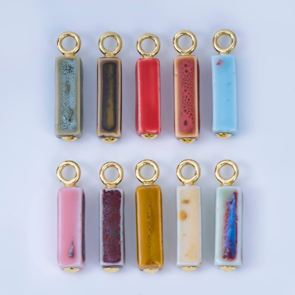 18K Gold Filled Blue, Teal, Brown, Pink Watercolor Bar Ceramic Drop Pendant | AJ-451