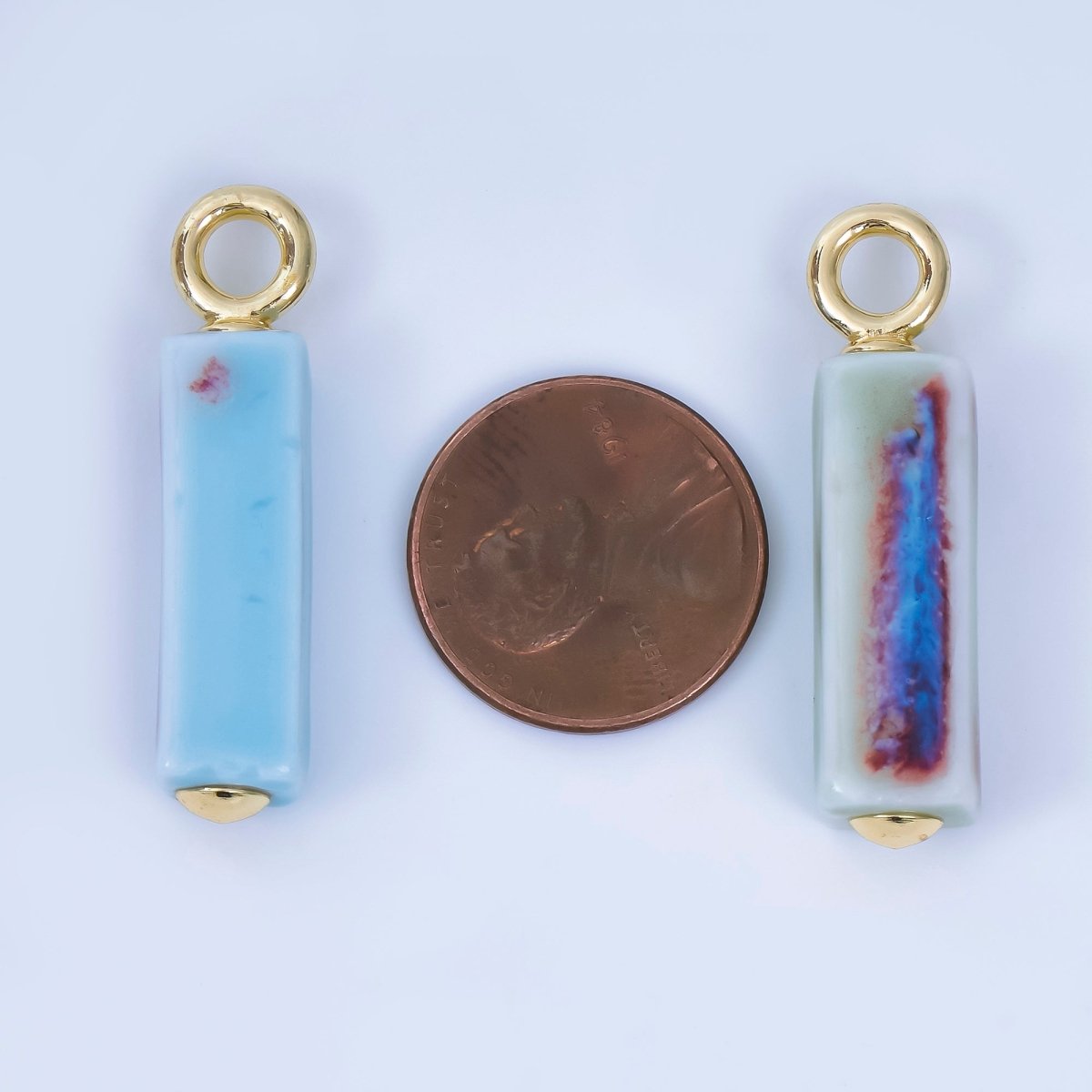 18K Gold Filled Blue, Teal, Brown, Pink Watercolor Bar Ceramic Drop Pendant | AJ-451