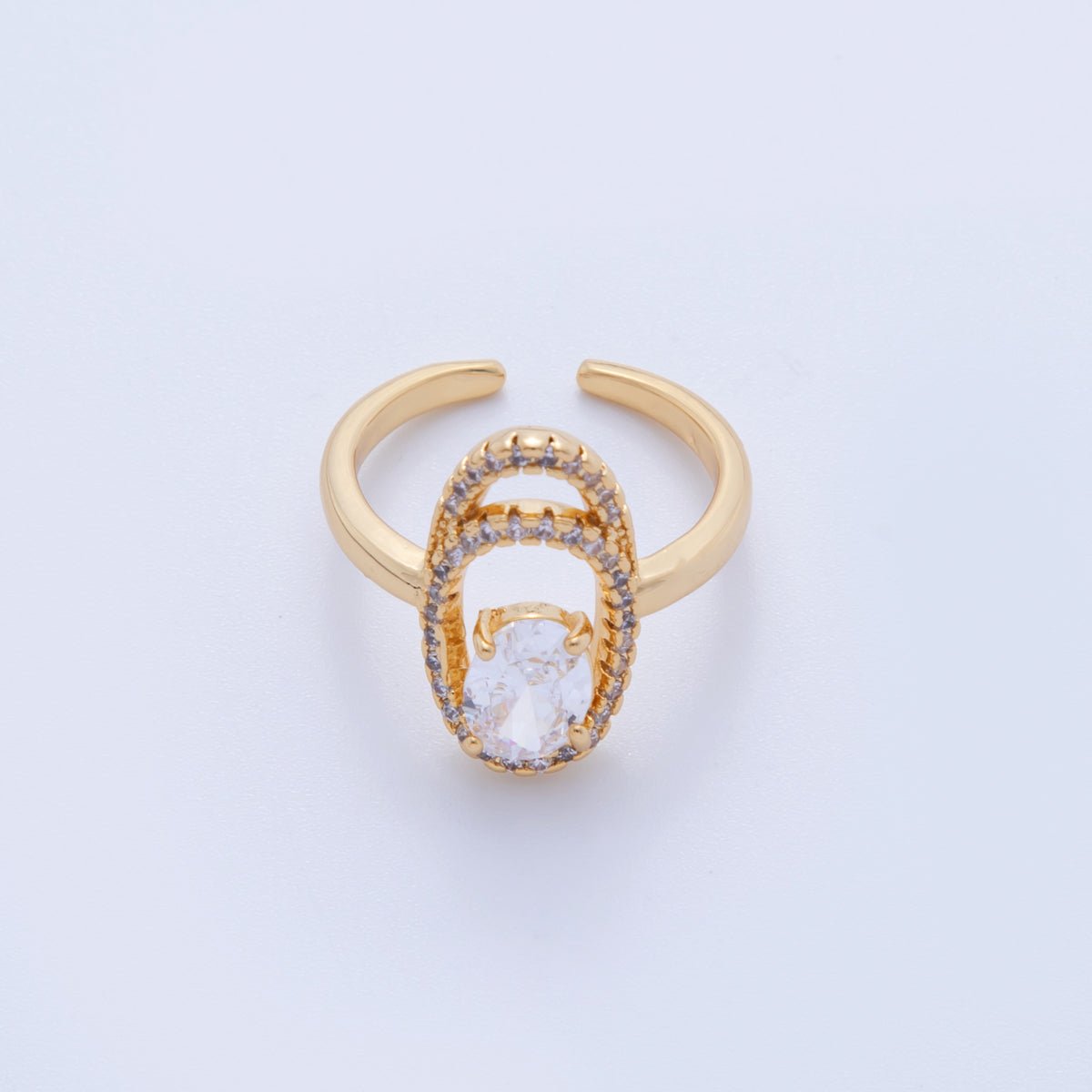 18K Gold Filled Clear CZ Micro Paved Oval Oblong Solitaire Ring | O1728