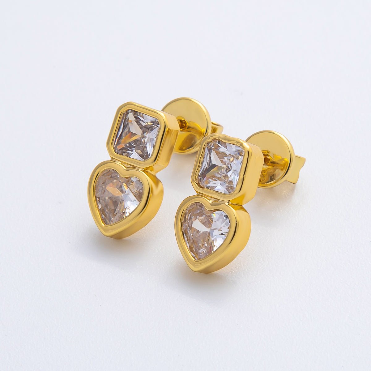 18K Gold Filled Clear CZ Square Heart Bezel Drop Studs Earrings in Gold & Silver | AD1561 AD1562
