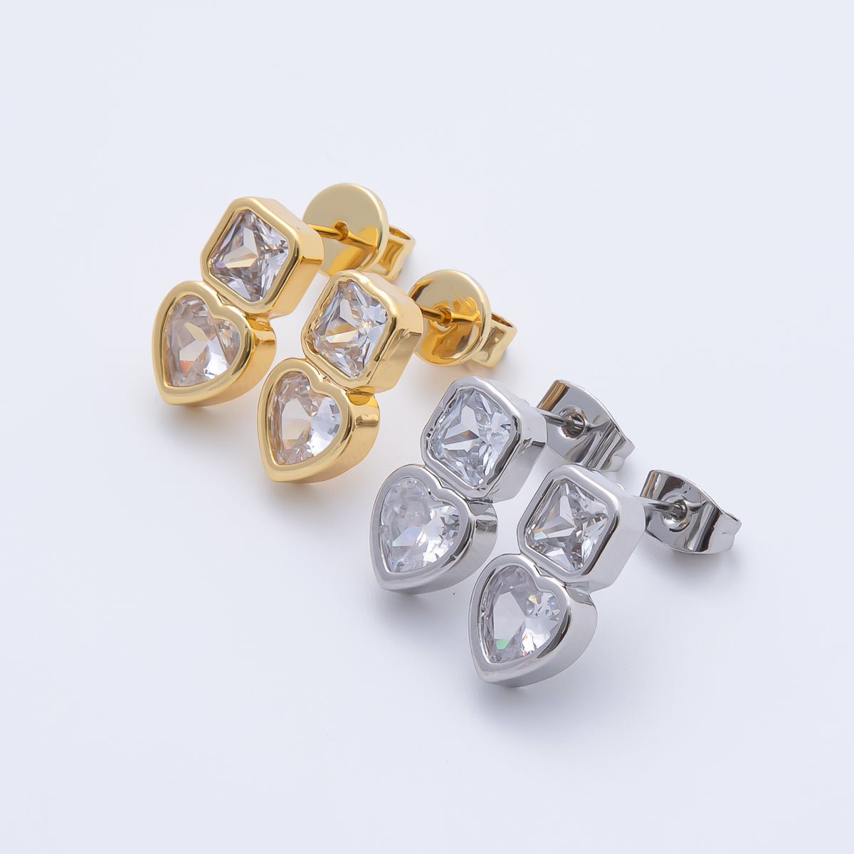 18K Gold Filled Clear CZ Square Heart Bezel Drop Studs Earrings in Gold & Silver | AD1561 AD1562