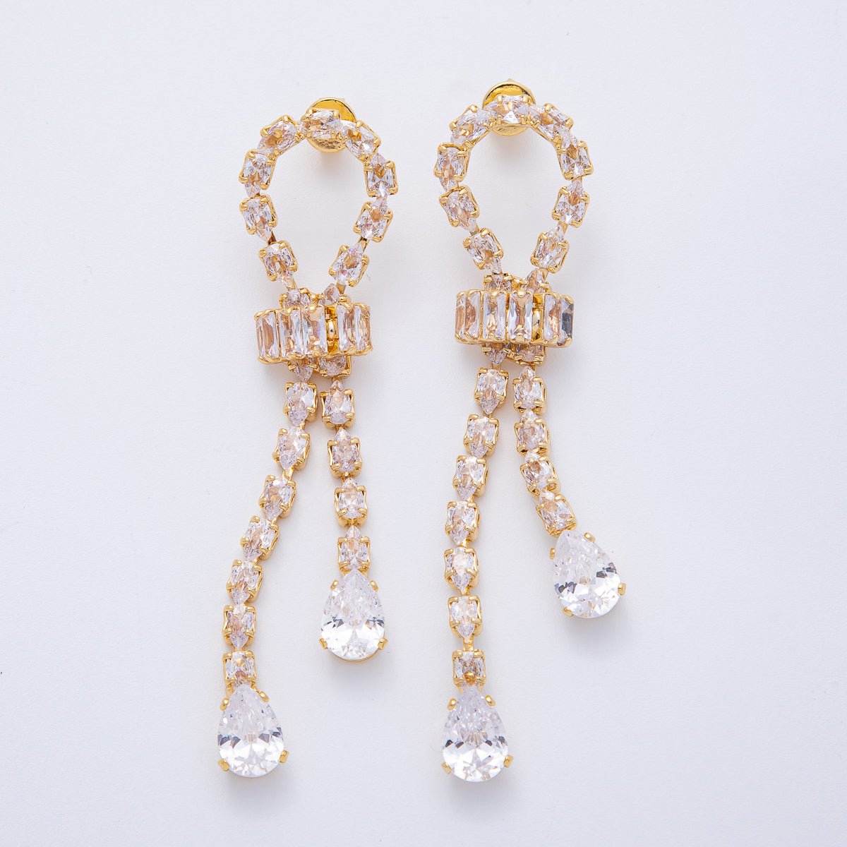 18K Gold Filled Clear CZ Teardrop Baguette Knot Drop Stud Earrings | T067
