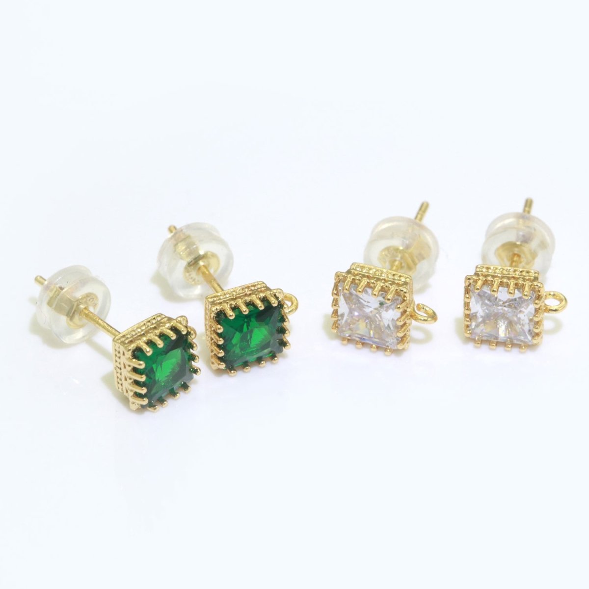 18K Gold Filled Clear / Green Square Cubic Zirconia Stud Drop Open Loop Earrings Supply L-491 L-492