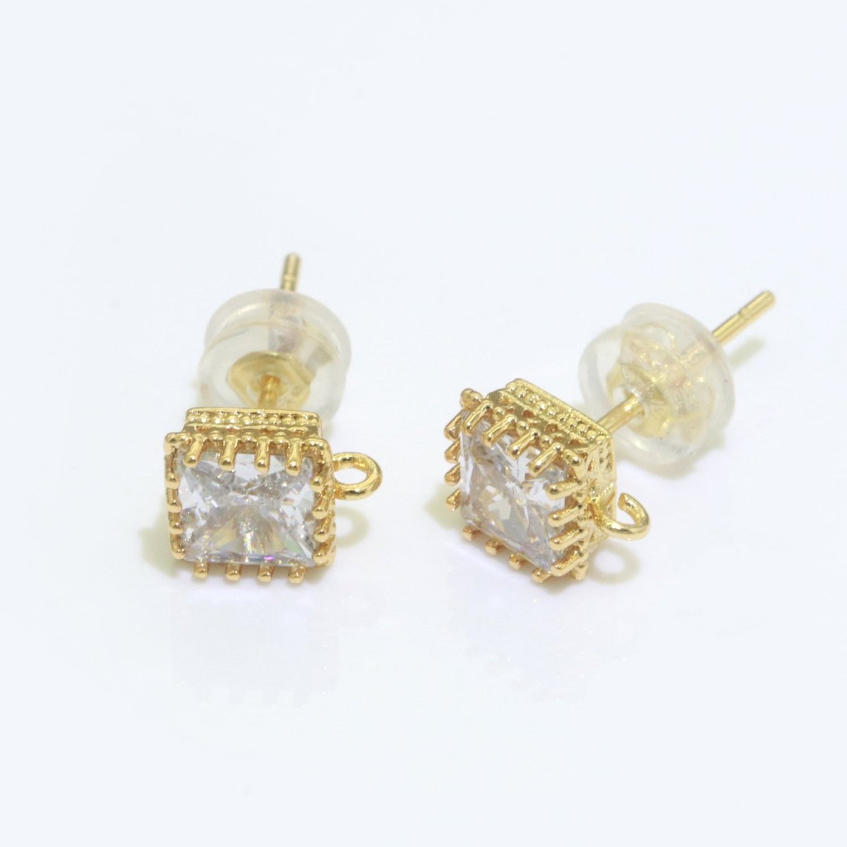 18K Gold Filled Clear / Green Square Cubic Zirconia Stud Drop Open Loop Earrings Supply L-491 L-492