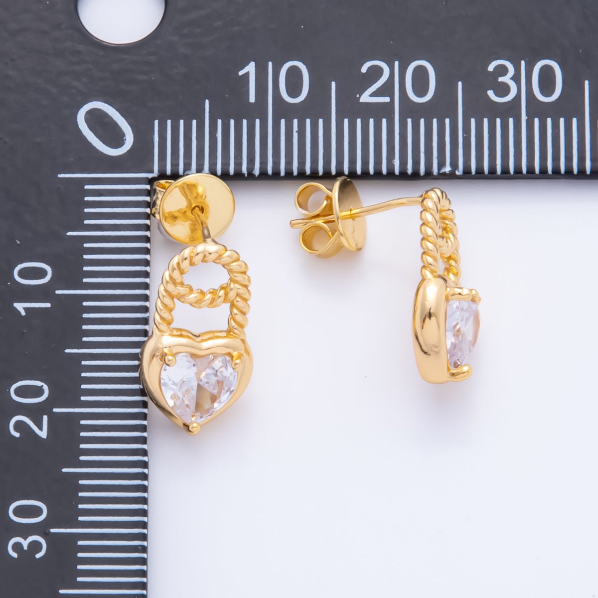 18K Gold Filled Clear Heart CZ Croissant Padlock Drop Studs Earrings | AJ-180