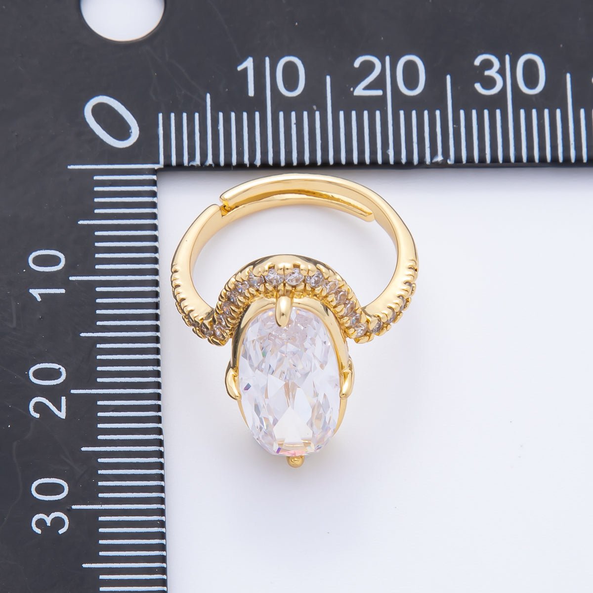 18K Gold Filled Clear Oval Micro Paved CZ Solitaire Band Adjustable Ring | O006