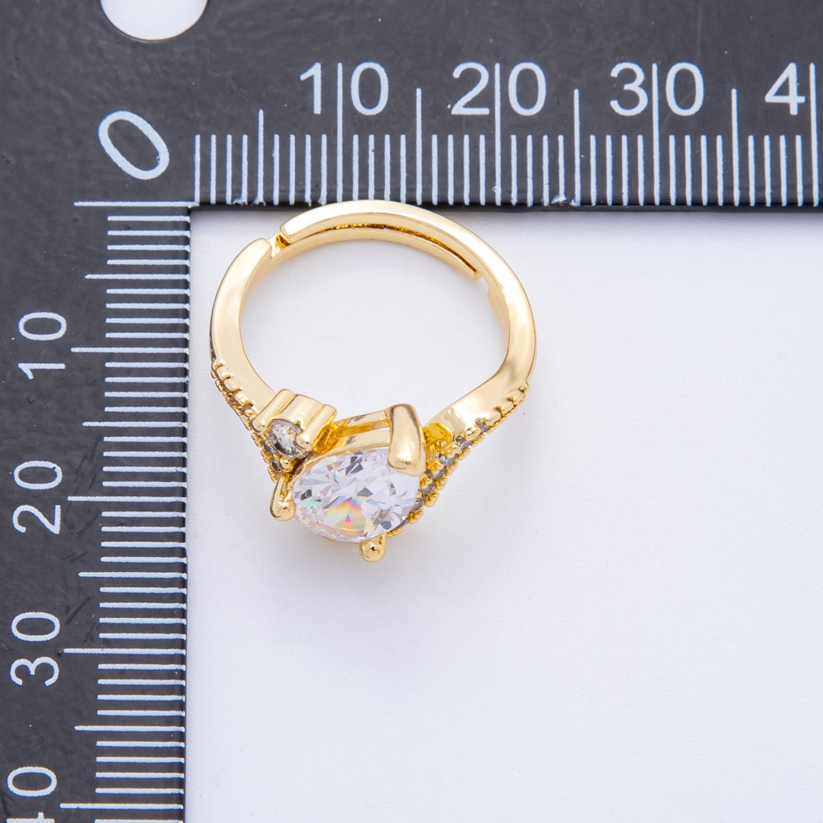 18K Gold Filled Clear, Pink Teardrop Micro Paved CZ Curved Solitaire Adjustable Ring | O00176
