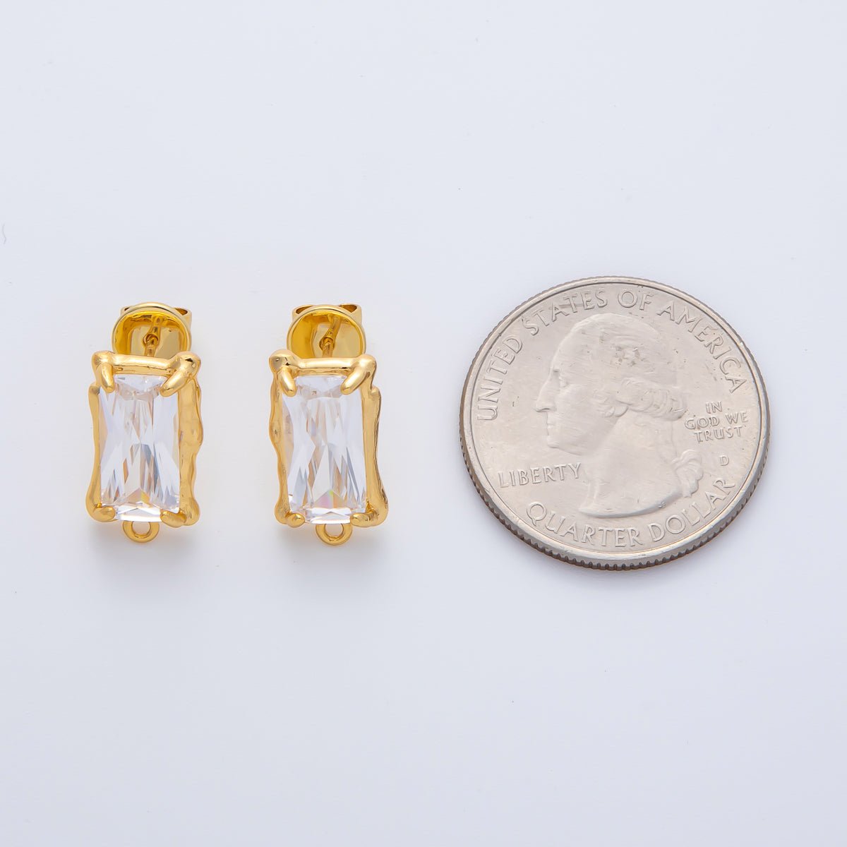 18K Gold Filled Clear Rectangle Baguette CZ Molten Drop Stud Earrings Findings Closed Loop | Z1447