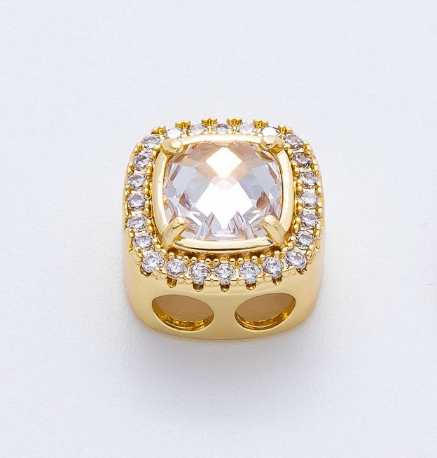 18K Gold Filled Clear Square Micro Paved CZ 2-Holes Slider Spacer Bead in Gold & Silver | B107