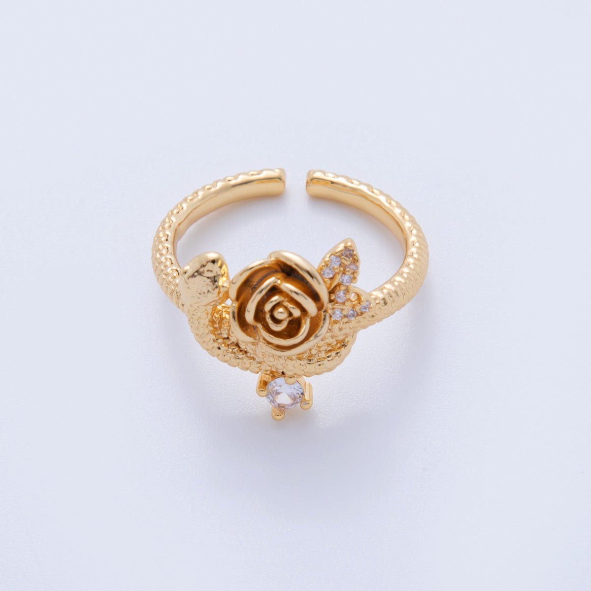 18K Gold Filled CZ Rose Flower Hammered Textured Ring | O2023