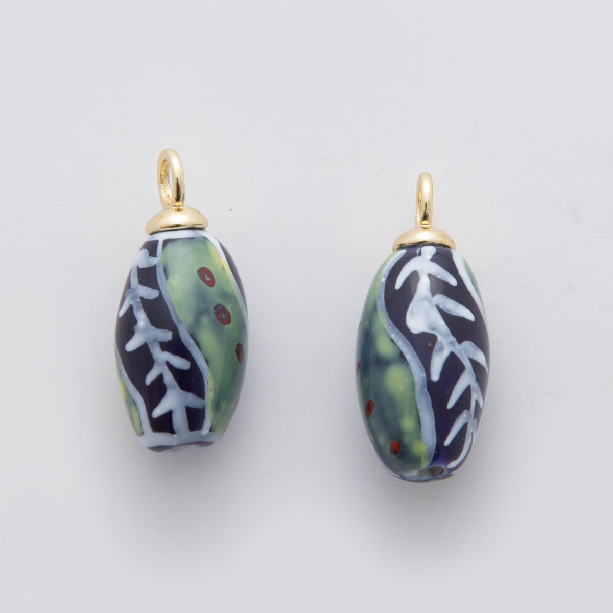 18K Gold Filled Doodle Green Vine Seed Ceramic Drop Pendant | X483