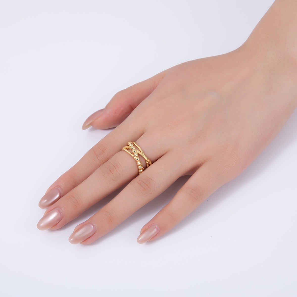 18K Gold Filled Dotted Bubble Crossed Multiple Band Ring | O1990
