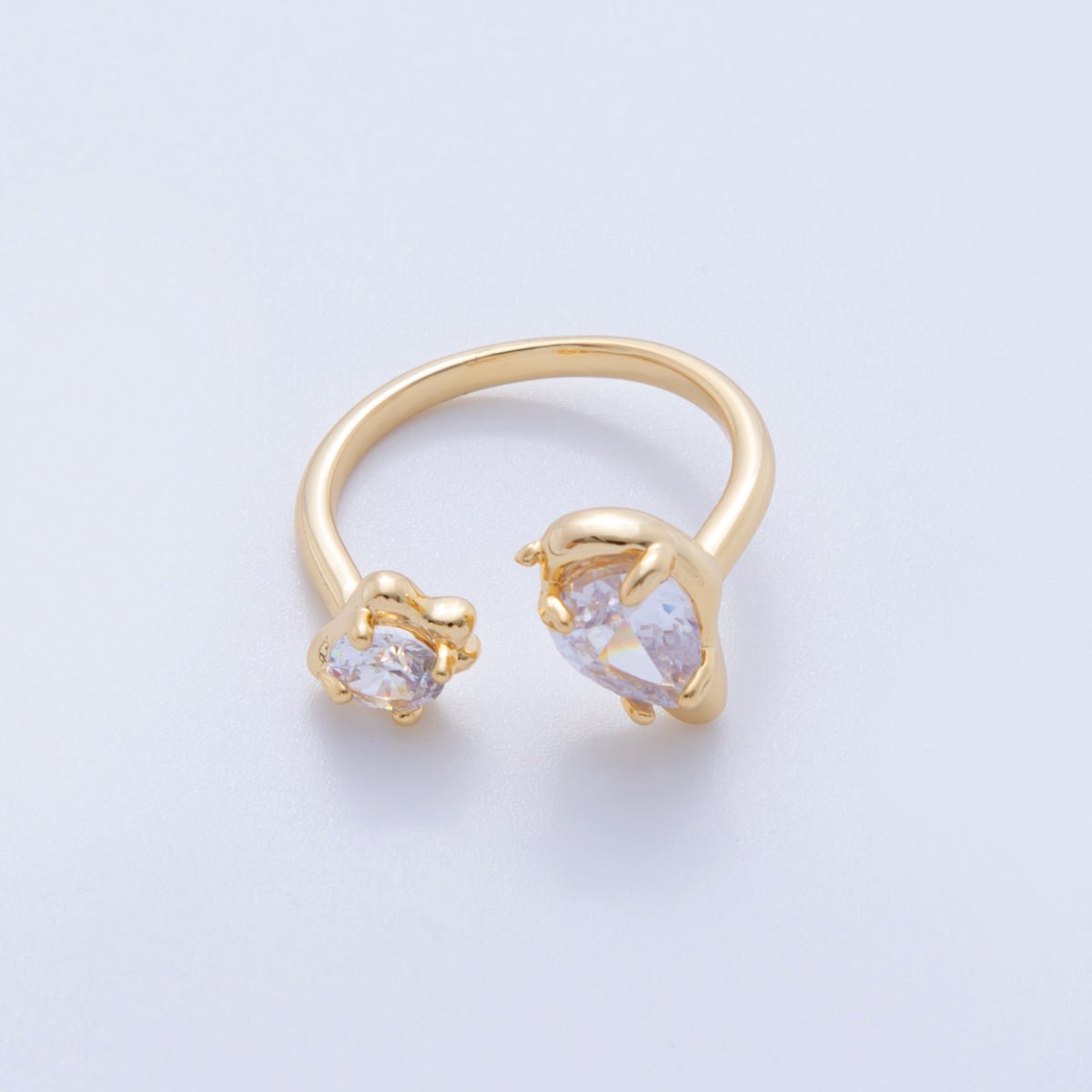 18K Gold Filled Double Clear Teardrop Round CZ Molten Claw Wrap Ring | O1754