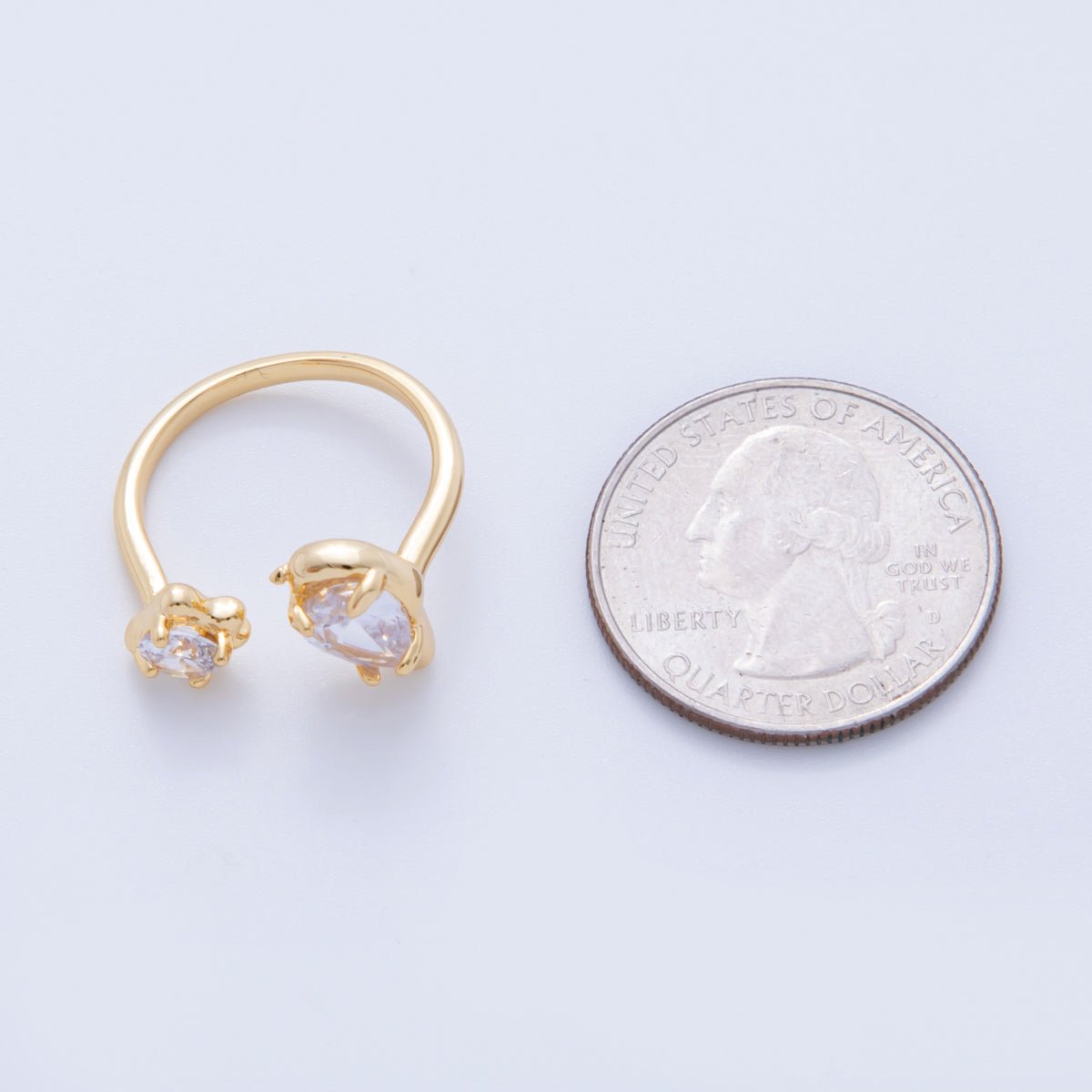 18K Gold Filled Double Clear Teardrop Round CZ Molten Claw Wrap Ring | O1754