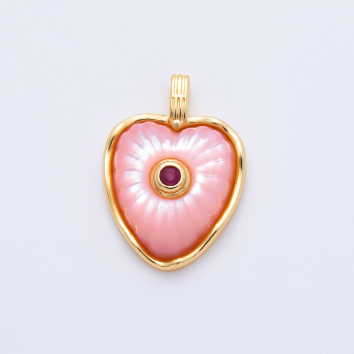 18K Gold Filled Enamel 22.5mm Shell Pearl Round CZ Sunburst Heart Charm | AH897 - AH899