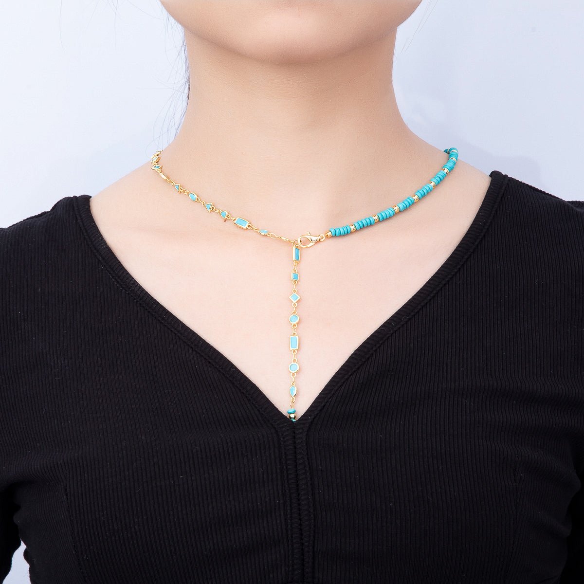 18K Gold Filled Floating Turquoise Multi Cut Rondelle Bezel Half Gemstone Lariat Chain 19 Inch Necklace | WA-01384