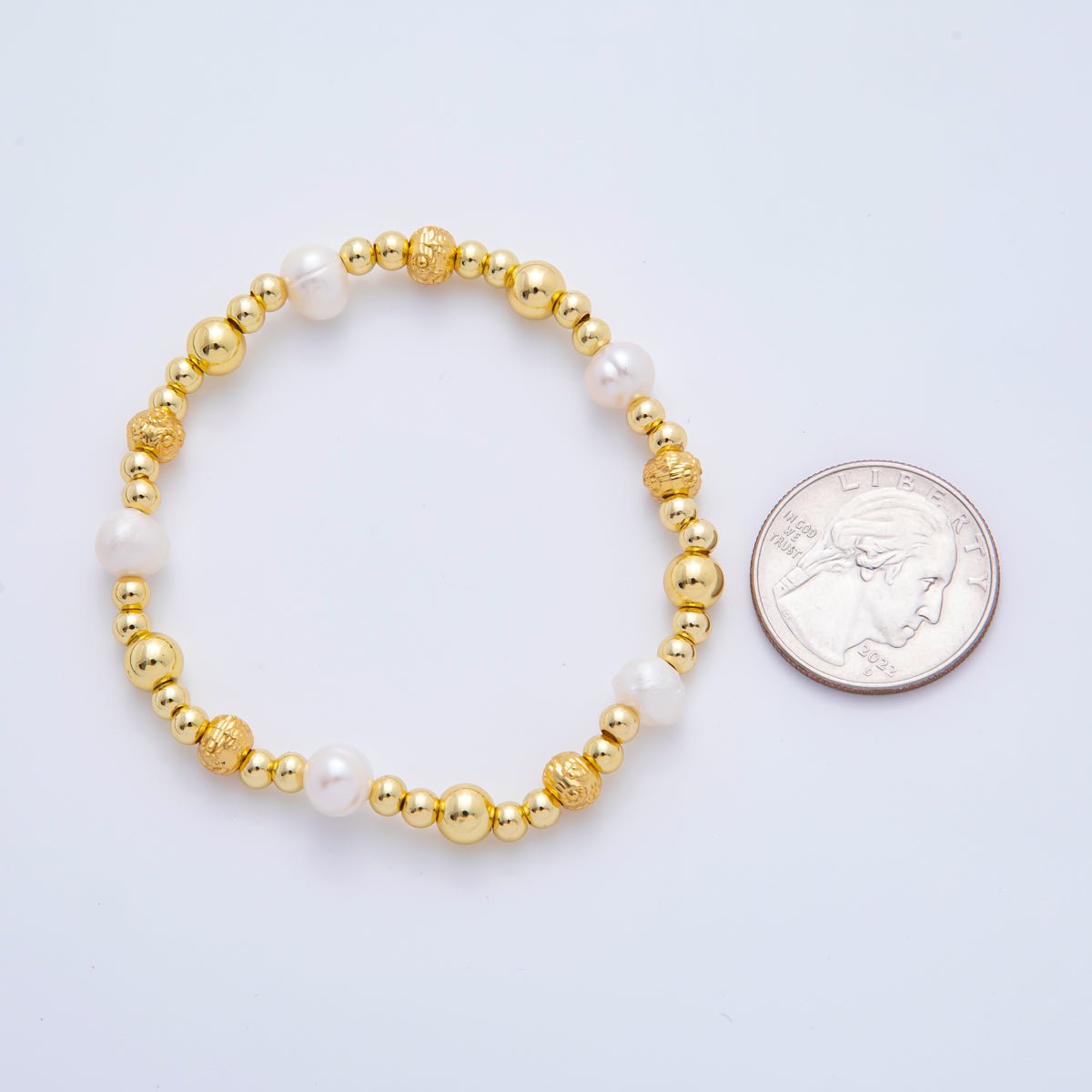 18K Gold Filled Freshwater Pearl Stretch Textured Bead Bracelet | WA-3505 ~ WA-3516