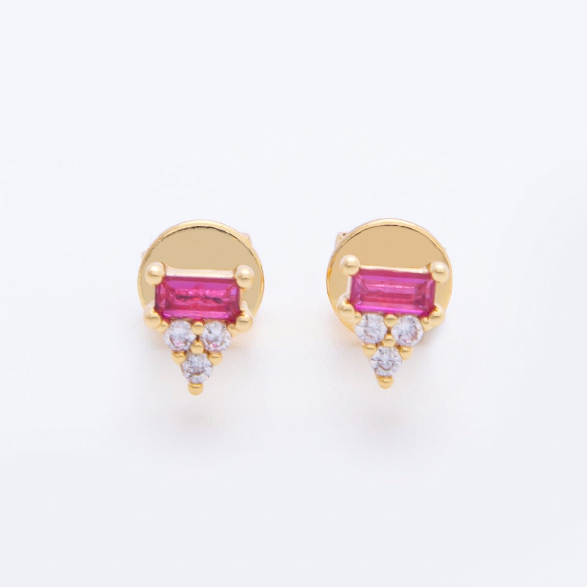 18K Gold Filled Fuchsia Baguette Clear CZ Cluster Triangle Dainty Stud Earrings | AJ216