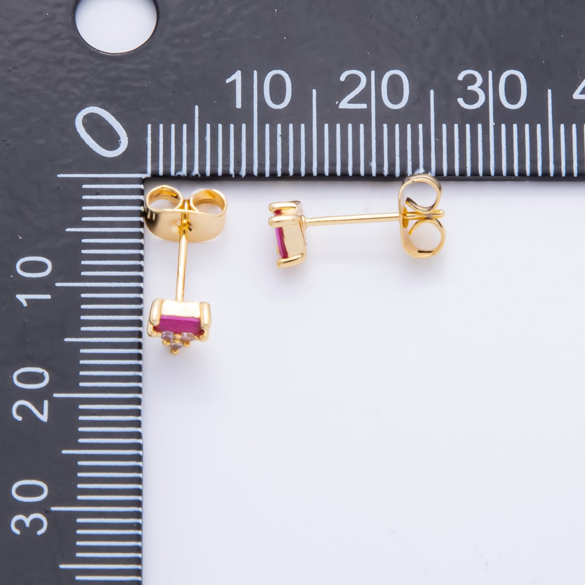 18K Gold Filled Fuchsia Baguette Clear CZ Cluster Triangle Dainty Stud Earrings | AJ216