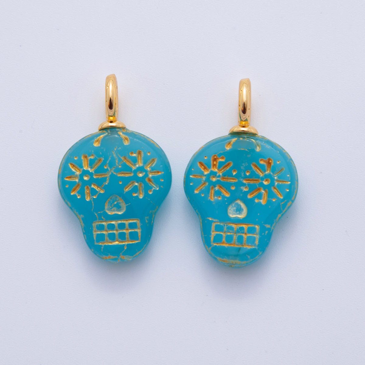 18K Gold Filled Green, Clear, Blue Gold-Lined Skull Dia de los Muertos Drop Charm | A723 AF724