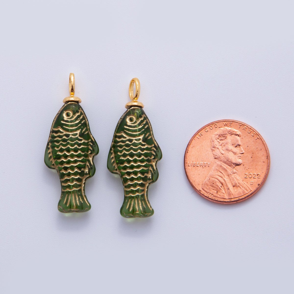 18K Gold Filled Green Gold Scaled Acrylic Multidimensional 3D Fish Drop Charm | AF296