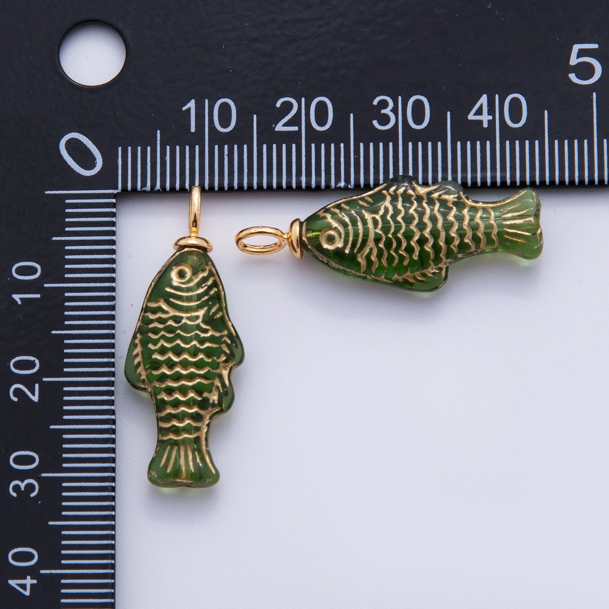 18K Gold Filled Green Gold Scaled Acrylic Multidimensional 3D Fish Drop Charm | AF296