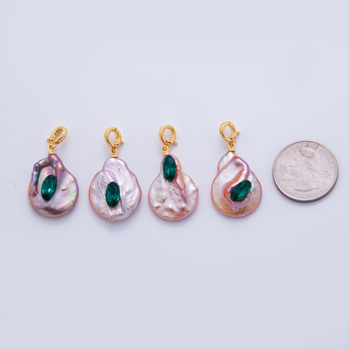 18K Gold Filled Green Oval CZ Pink Freshwater Pearl Snap Latch Rhondelle Drop Pendant | AH702