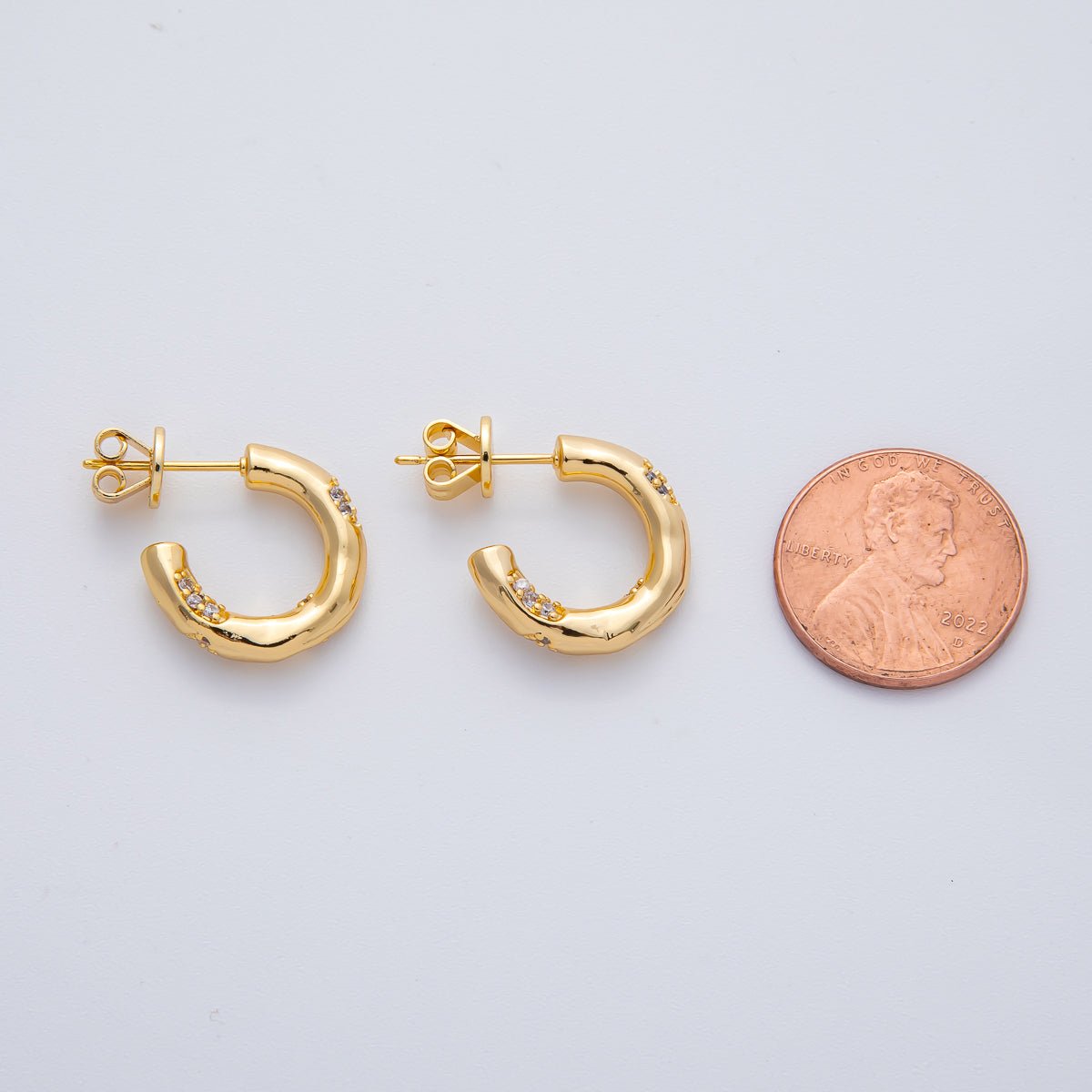 18K Gold Filled Hammered Micro Pave CZ 23mm C-Shaped Hoops Earrings | AD1602