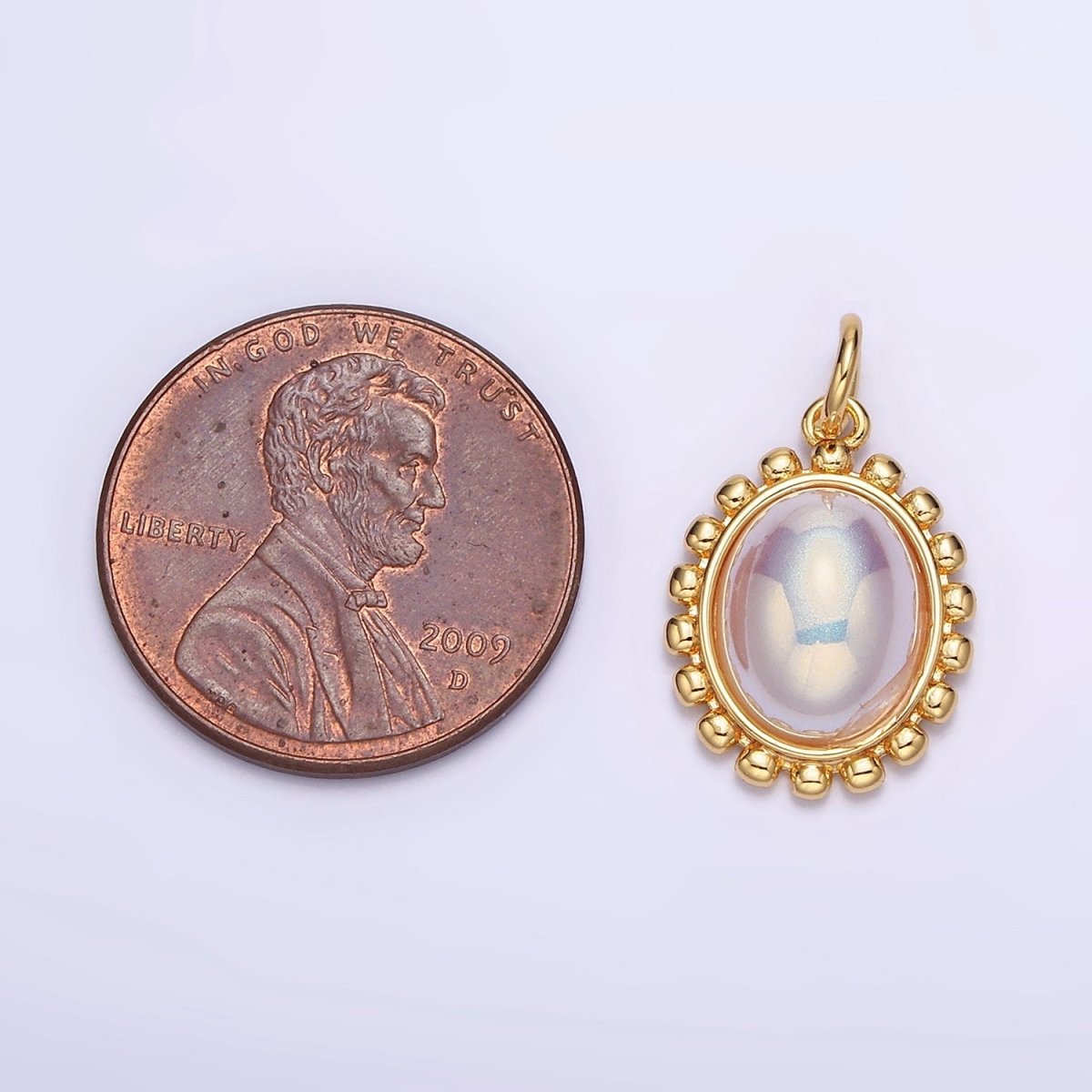 18K Gold Filled 19mm Iridescent Pearl Oval Dotted Outline Charm in Gold & Silver | AC1441