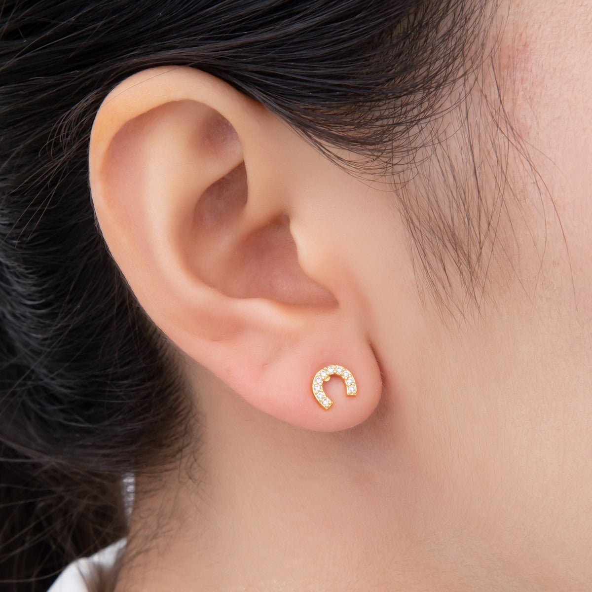 18K Gold Filled Lucky Horse Shoe Micro Paved Mini Studs Earrings | AJ178