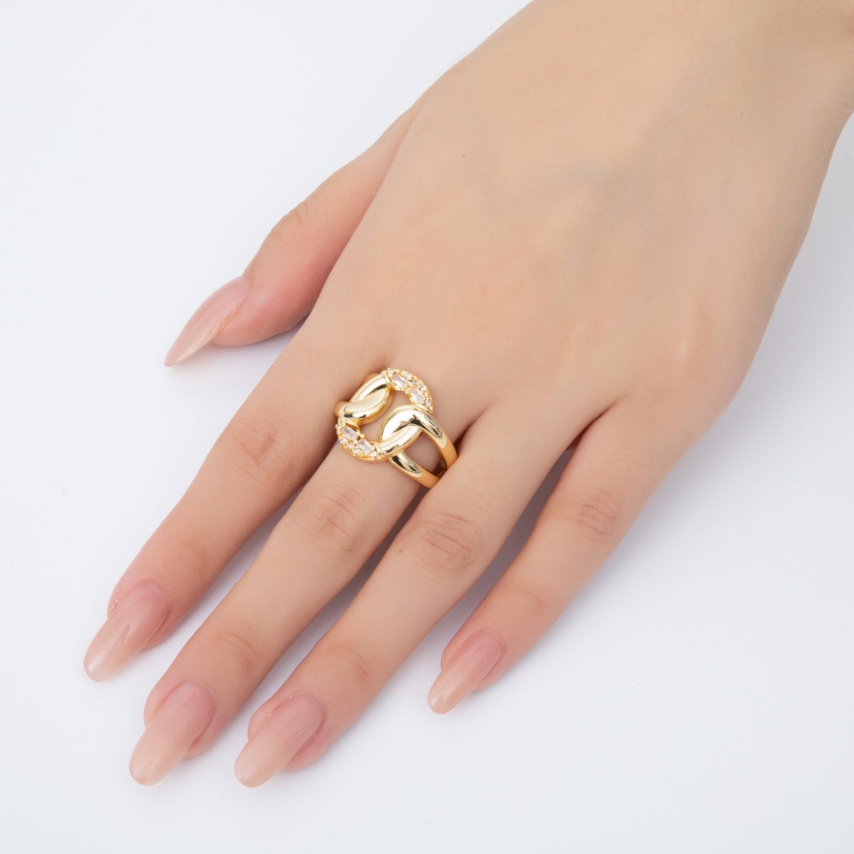 18K Gold Filled Micro Paved & Baguette CZ Eclipse Loop Knot Open Ring | O109