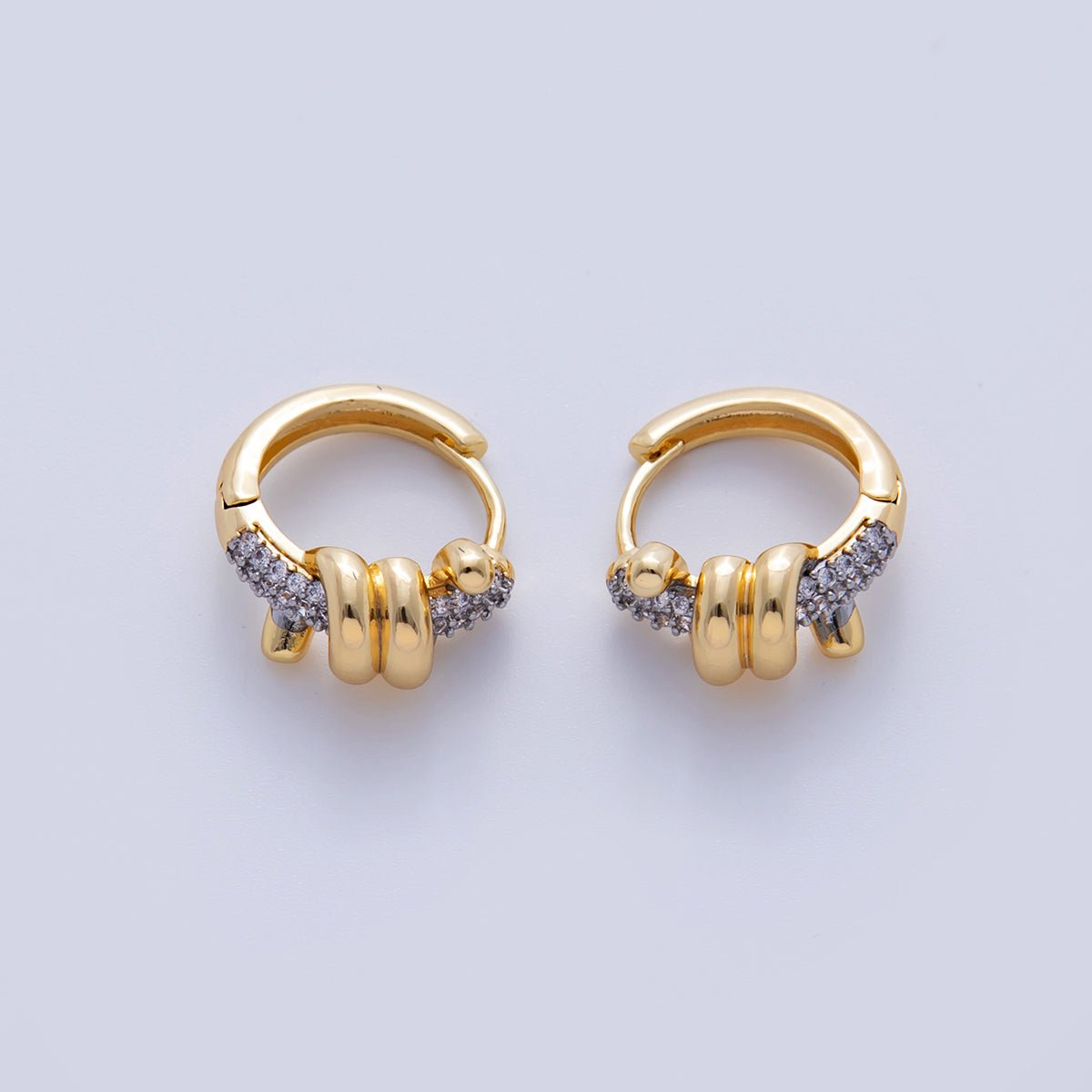 18K Gold Filled Micro Paved Coil Band Mixed Metal Huggie Earrings | AI347