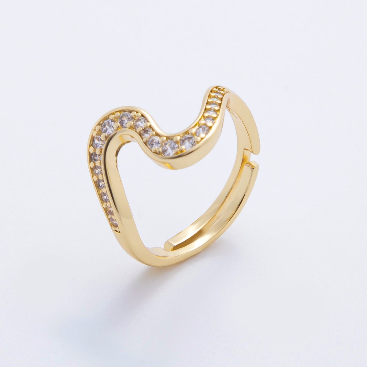 18K Gold Filled Micro Paved CZ Curved Wave Adjustable Ring in Gold & Two-Toned | O-2169