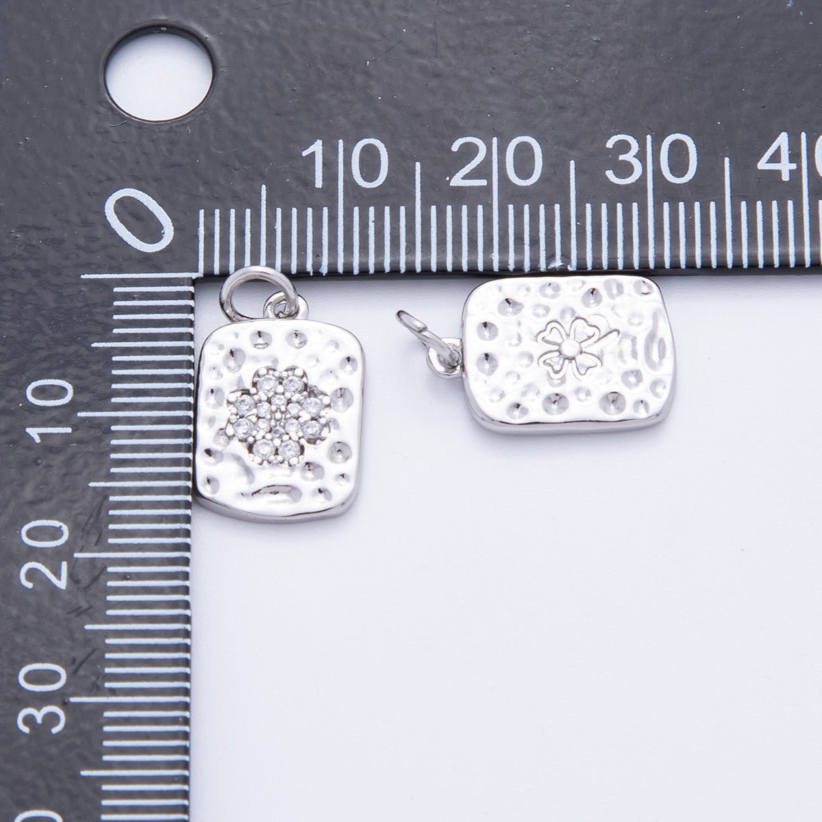18K Gold Filled Micro Paved CZ Hammered Rectangular Tag Charm in Gold & Silver | E727
