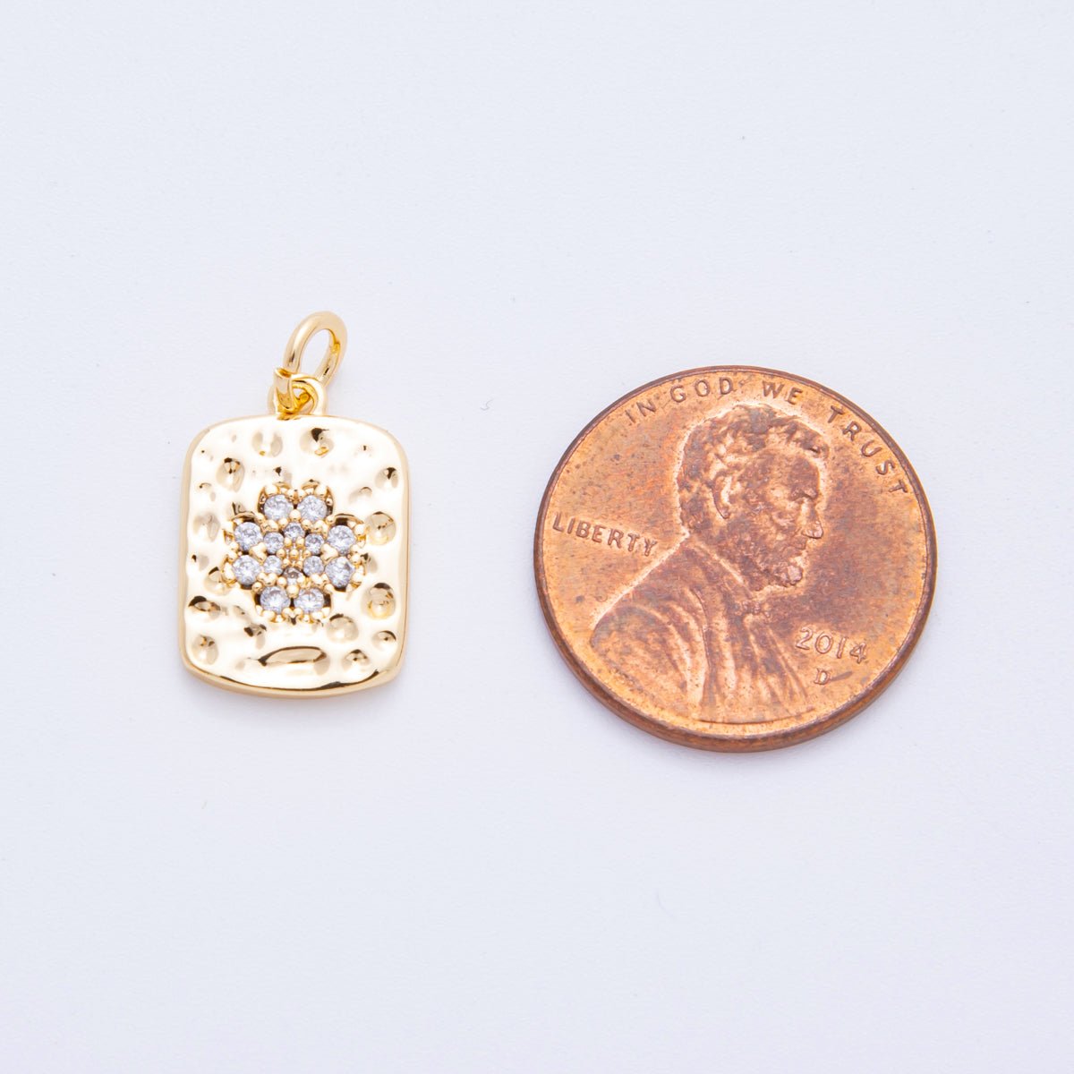 18K Gold Filled Micro Paved CZ Hammered Rectangular Tag Charm in Gold & Silver | E727