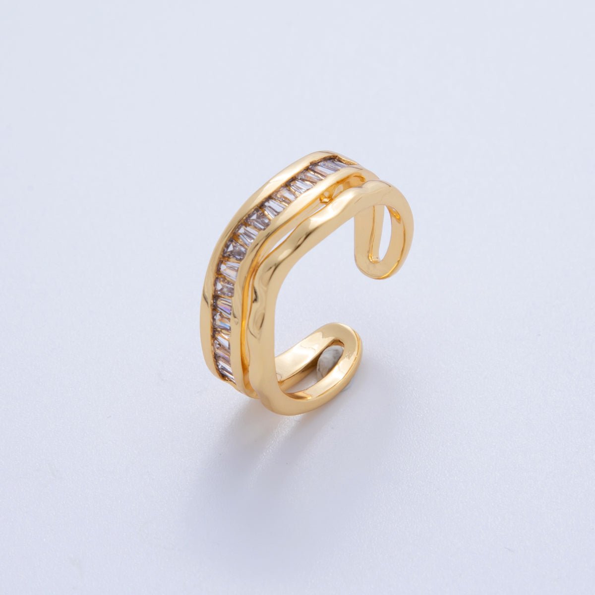18K Gold Filled Micro Paved CZ Molten Wave Double Band Ring | O1995