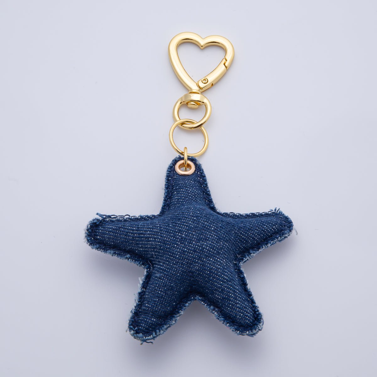 18K Gold Filled Patch Work Denim Puffy Star Heart Push Gate Key Ring Keychain Accessories | WB-00140 ~ WB-00144