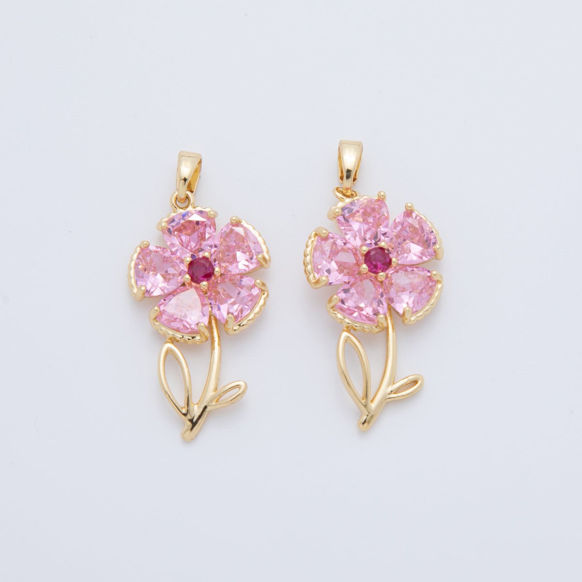 18K Gold Filled Pink, Clear CZ Flower Plant Pendant | AH778