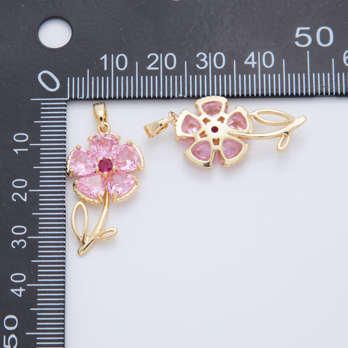 18K Gold Filled Pink, Clear CZ Flower Plant Pendant | AH778