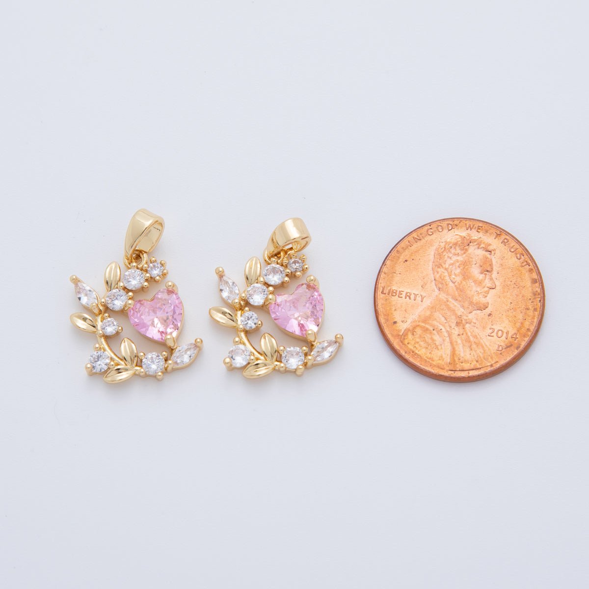 18K Gold Filled Pink CZ Heart Curved Floral Pendant | AH773