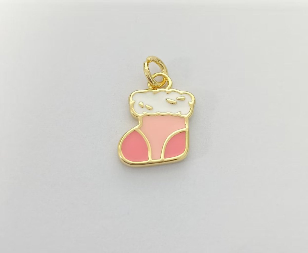 18K Gold Filled Pink Enamel Snow Socks Boots Christmas Charm | AK115