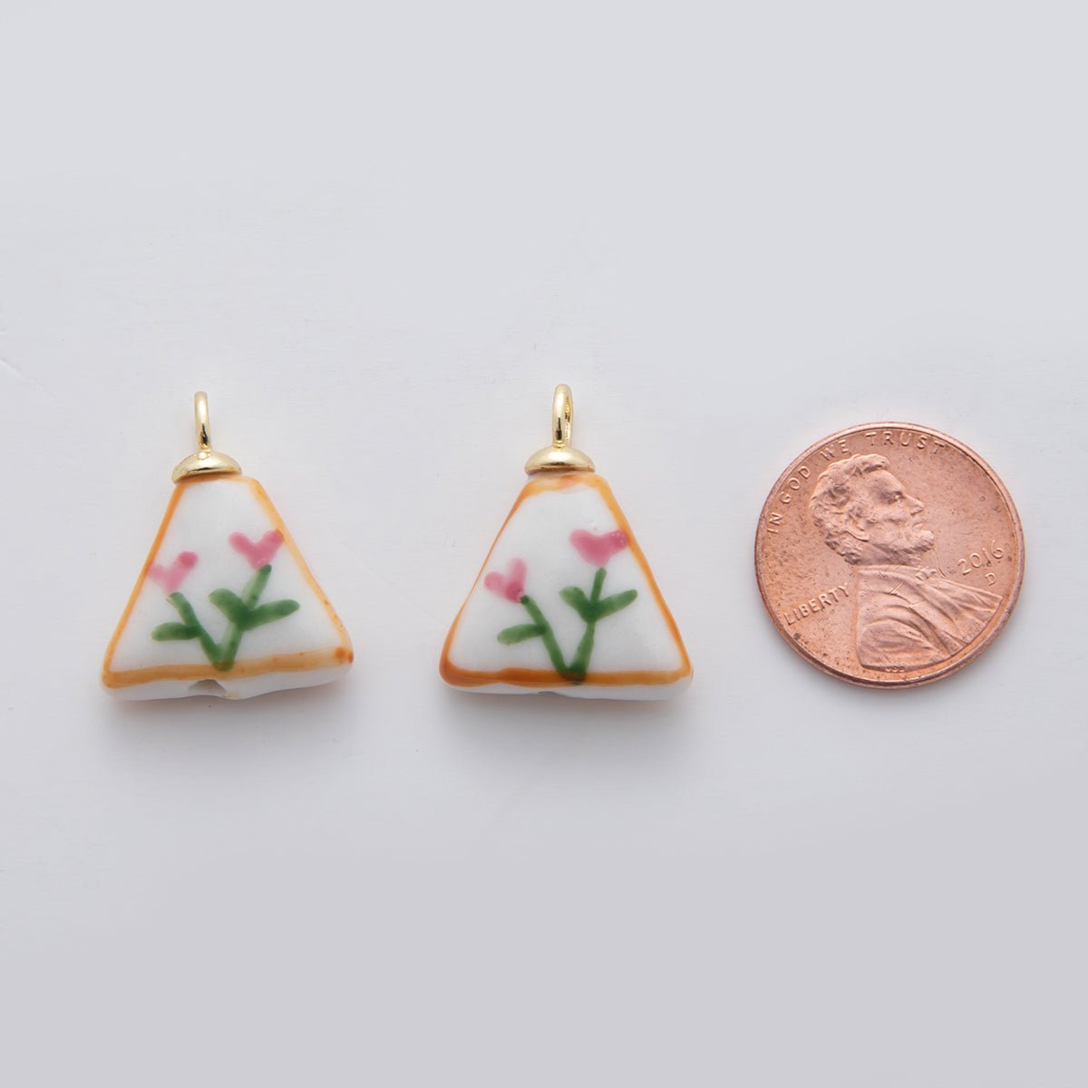 18K Gold Filled Pink Flower Doodle Rectangle Ceramic Drop Pendant | X633