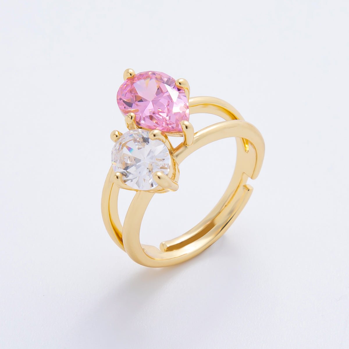 18K Gold Filled Clear, Pink Double Teardrop Solitaire Double Band Ring | O02241
