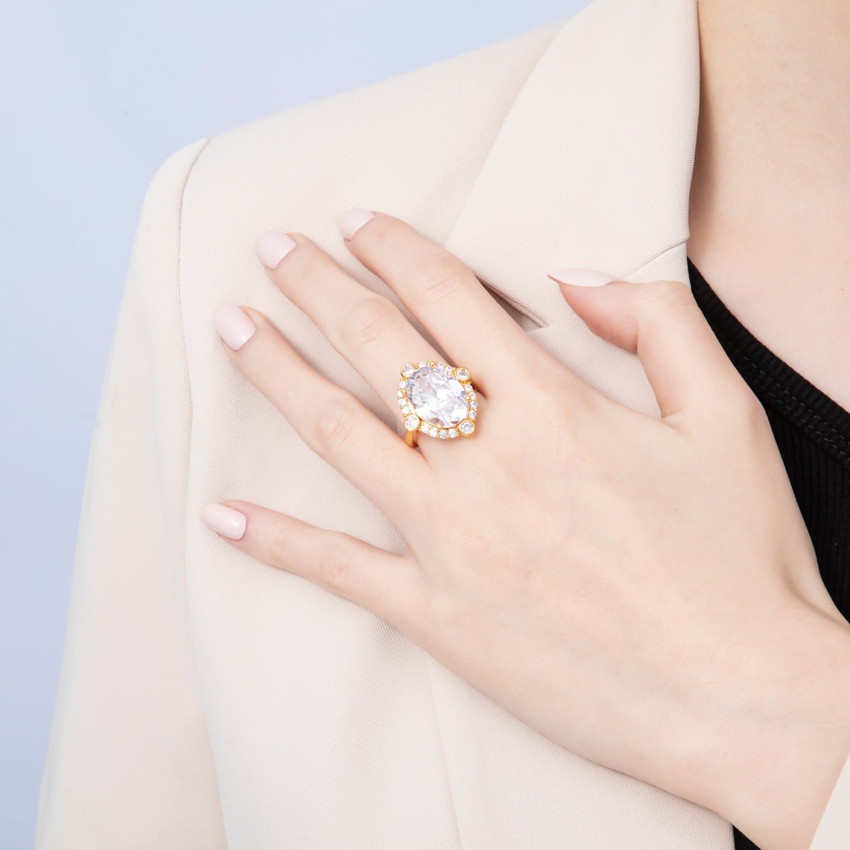 18K Gold Filled Pink, White Micro Paved CZ Oval Geometric Adjustable Ring | O807