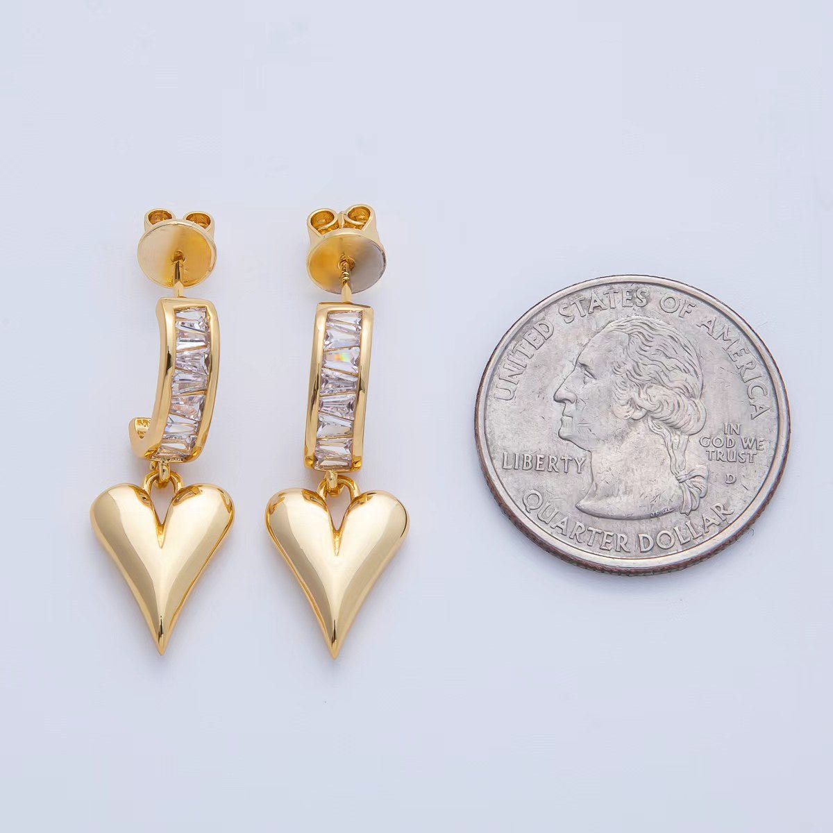 18K Gold Filled Puffy Heart Baguette CZ Drop C-Shaped Hoop Earrings | Q195