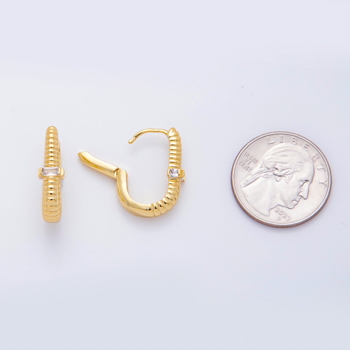 18K Gold Filled Rectangular CZ Ribbed Row Hinged Hoops Earrings | AJ219