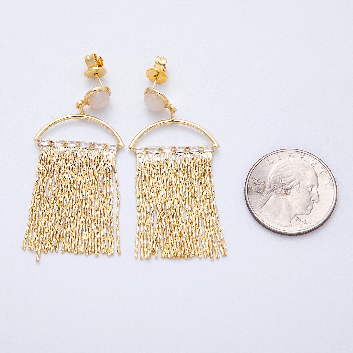 18K Gold Filled Rose Quartz Baguette Semi-Circle Fringe Drop Stud Earrings | Earrings-00295