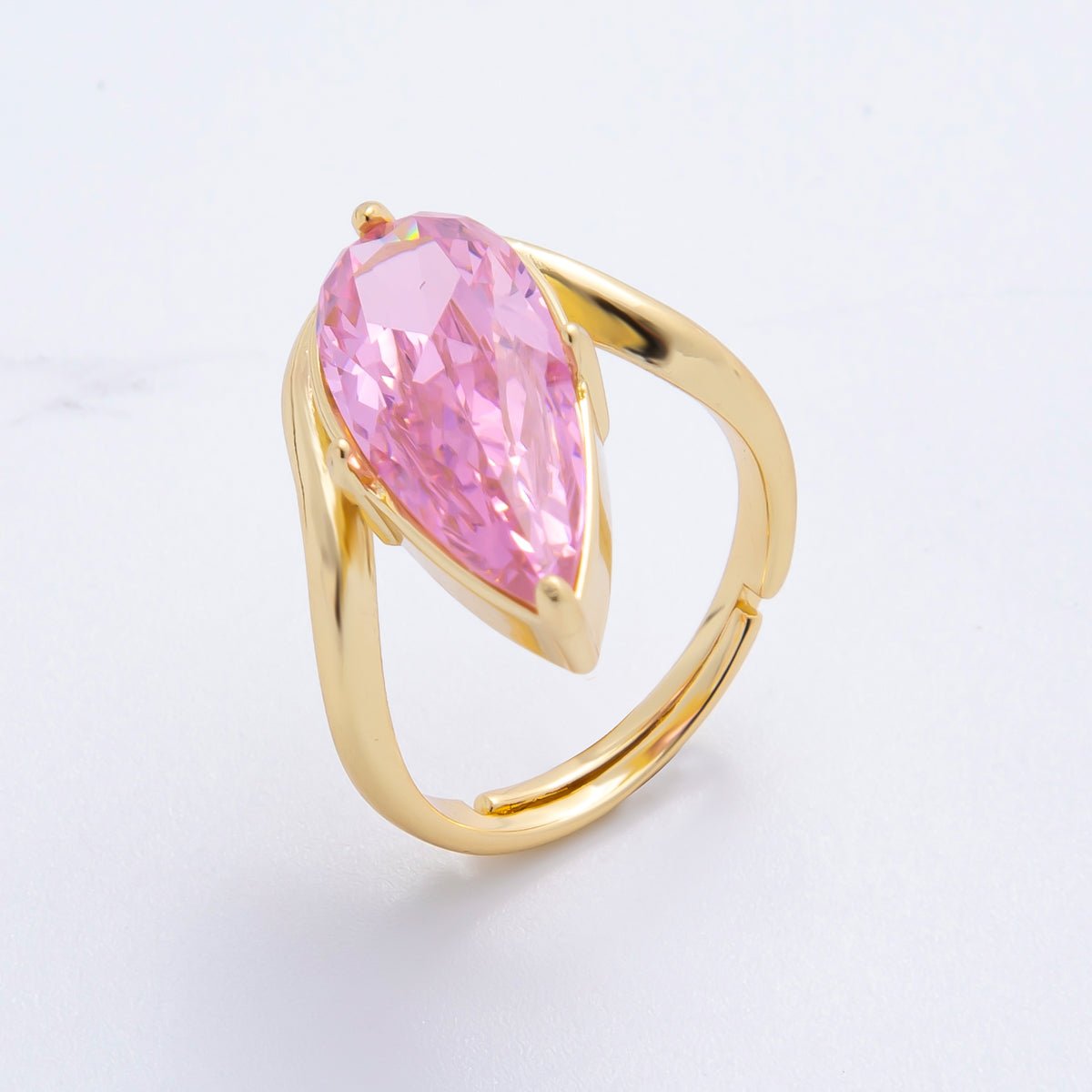 18K Gold Filled Pink, Clear Teardrop CZ Solitaire Curved Adjustable Ring | O2208